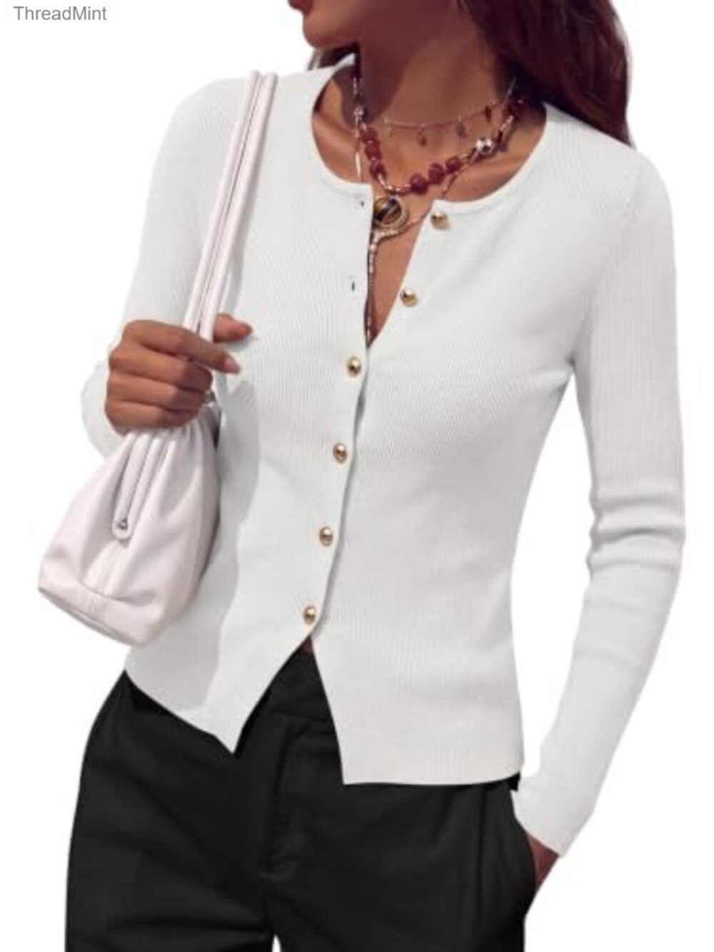 Ribbed Knit Button Front Cardigan Long Sleeve Crew Neck Slim Fit